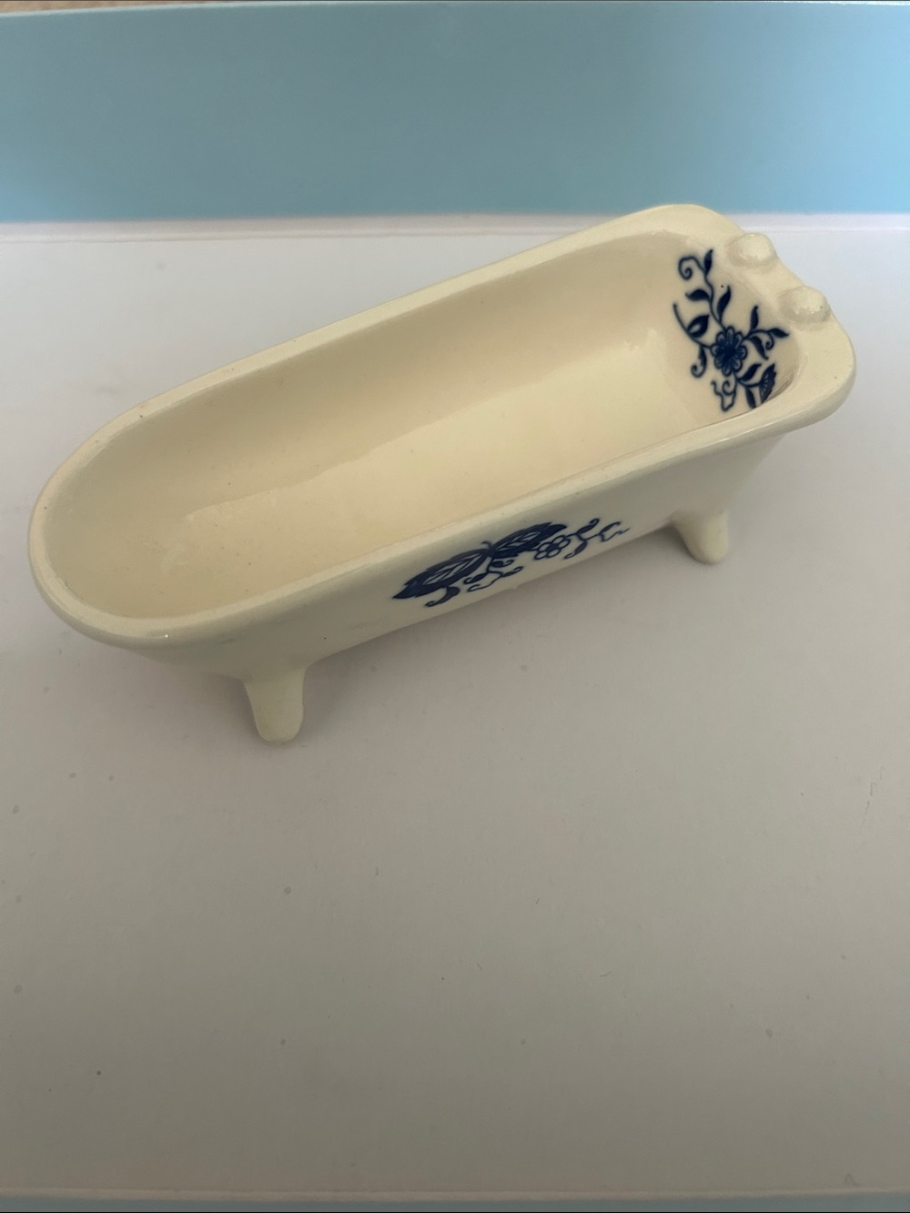 Vintage Made in Japan Miniature Clawfoot Bathtub Blue Floral Dollhouse